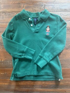 Janie and Jack Forest Green Long-Sleeve Polo with Nutcracker Embroidery Sz 6
